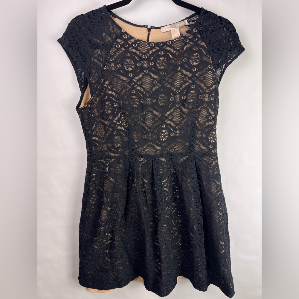 Forever 21, Black Lace Overlay Dress, Nude Lining, Cap Sleeve, Party Dress